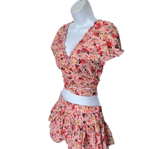 Bla Shé Pink Floral Two-Piece Crop Top & Skirt Set Top Sz S Skirt Sz M - Picture 3 of 7